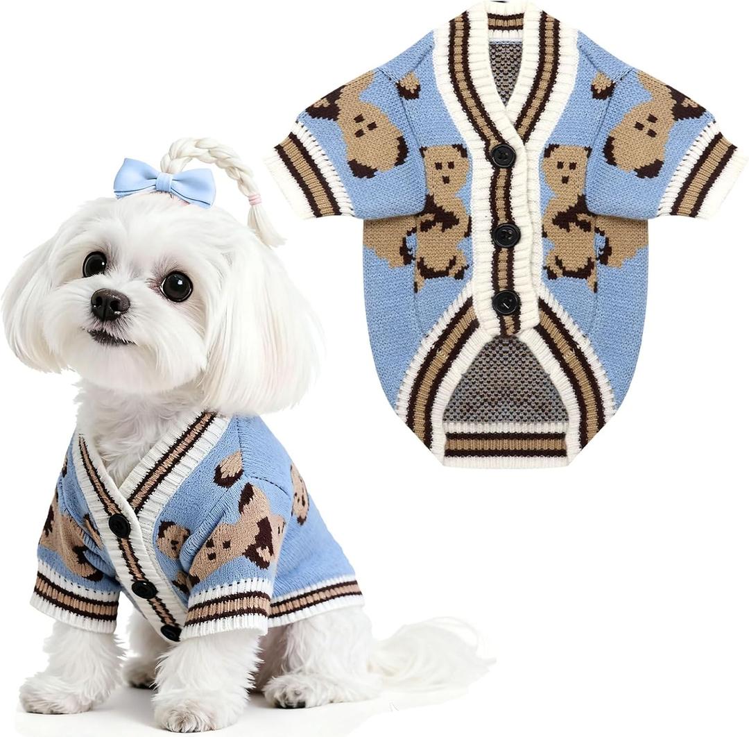 Small Dog Sweater Cute Bear Puppy Cardigan Coat Clothes Fall Winter Dog Sweaters for Small Medium Dogs Boy Girl Cat Sweaters Outfits for Cats Soft Warm Pet Knit Clothes with Sleeves(Blue,M) (M (Suggust 6-10 lbs))