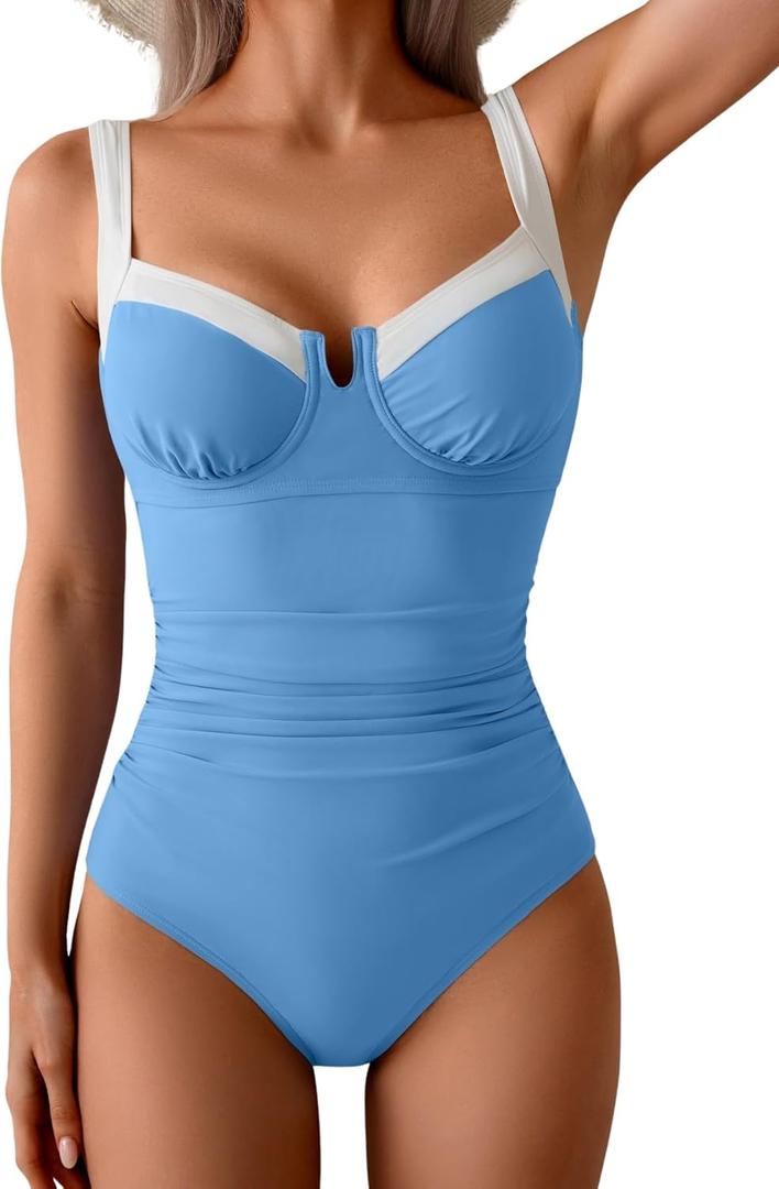 B2prity Women's Underwire One Piece Swimsuits Tummy Control Bathing Suits Push Up Swim Suit Color Block Swimwear (Blue, M)