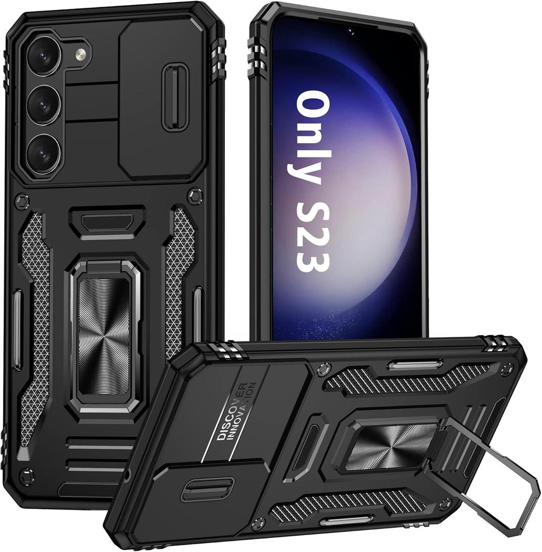 ANGELAS Shockproof Phone Case for Samsung Galaxy S23 - Silicone TPU Bumper with Anti-Fall Protection,Slide Camera Cover & Rotating Ring Kickstand,6.1Inch,Black