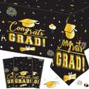 3 Pcs Graduation Tablecloth - Congrats Grad Table Cloth for Class of 2026,Disposable Plastic Rectangle Grad Table Cover for Graduation Party Decorations 2026 and Party Supplies, 54x108 Inch,Black Gold