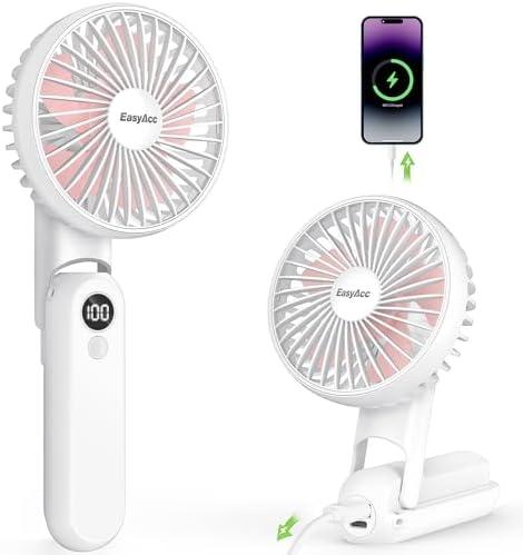 EasyAcc Portable Handheld Fan for Travel [Ultra Quiet Powerful] 5 Speed Backup Power Digital Display Lanyard Foldable Fan Rechargeable 2600 Battery Hot Flashes Gift Outdoor Pink Blades