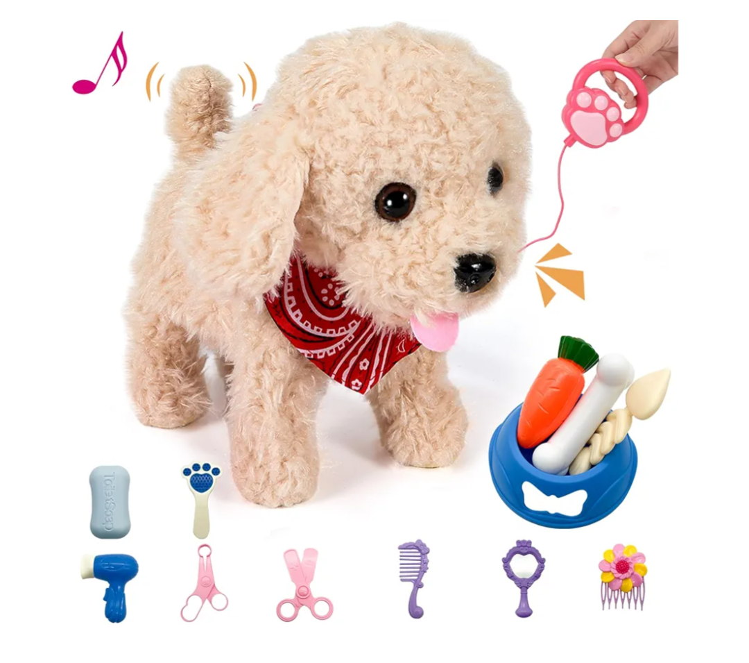 Interactive Walking Plush Puppy Toy Dog, Remote Control Electronic Robot Dog Realistic Wagging Tail, Rich Grooming Set, Gift Toy for Girls & Boys, Kids Age 3, 4, 5, 6 (Accessories Updated)