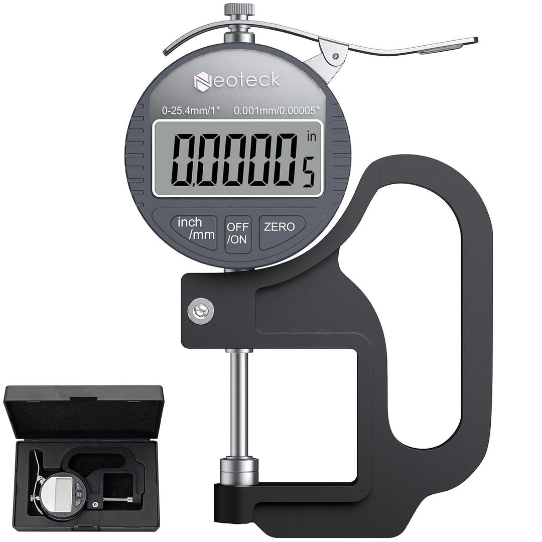 Neoteck Digital Thickness Gauge 1inch/25.4mm,0.00005inch/0.001mm LCD Display with Inch/MM Conversion One-Hand Quick Press Thickness Measuring Tool for Leather Paper Fabric Film etc.-Silver-Grey
