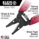Klein Tools 11046 Wire Stripper, Wire Cutter, Made in USA, Stripping/Cutting Tool for 16-26 AWG Stranded, Compact Nose with Precision-ground Stripping Holes