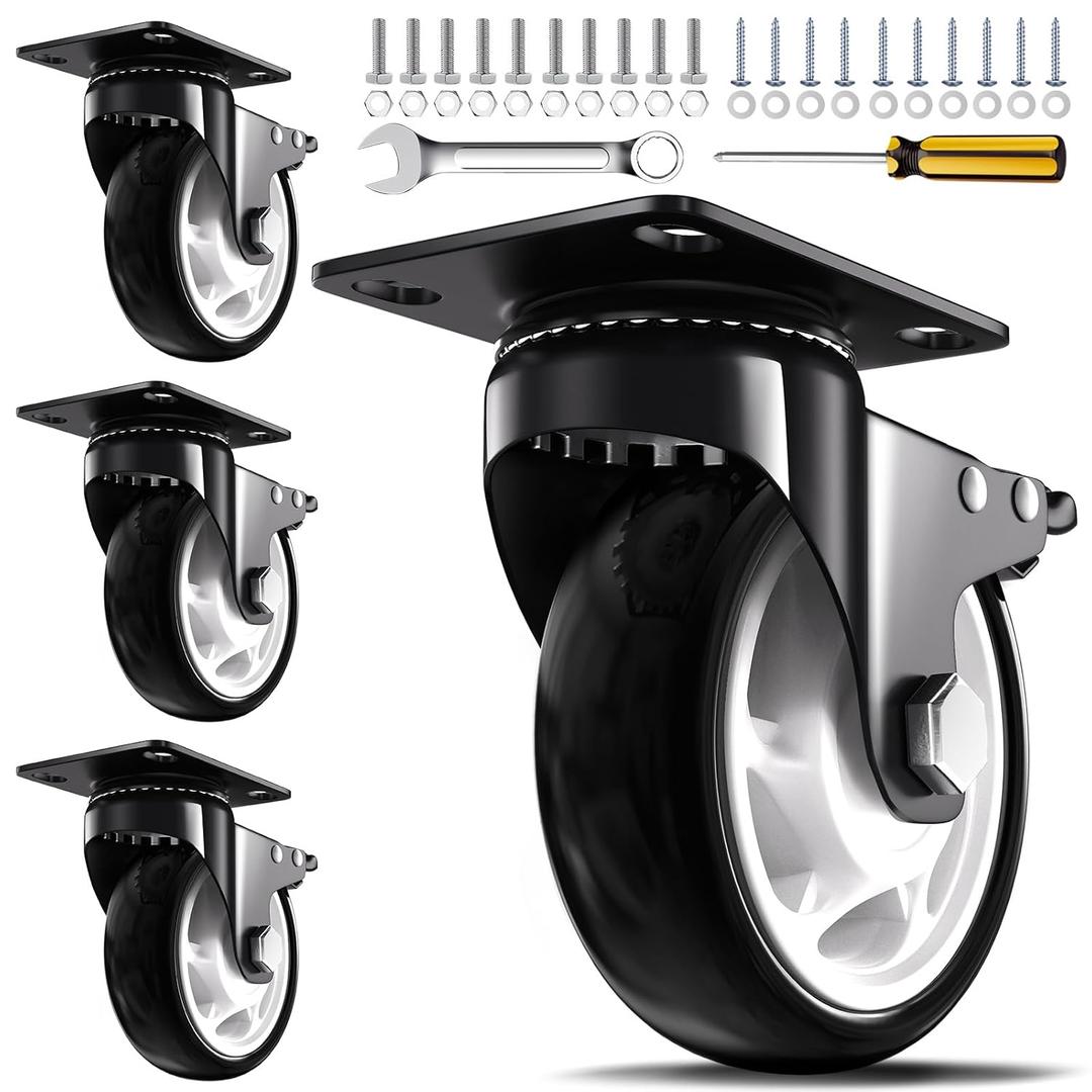Caster Wheels, 4 Inch Heavy Duty Casters, 2400lbs Capacity (Set of 4) - Industrial Swivel Wheels with Dual-Locking Brakes, Silent & Non-Marking for Workbenches, Carts, Furniture