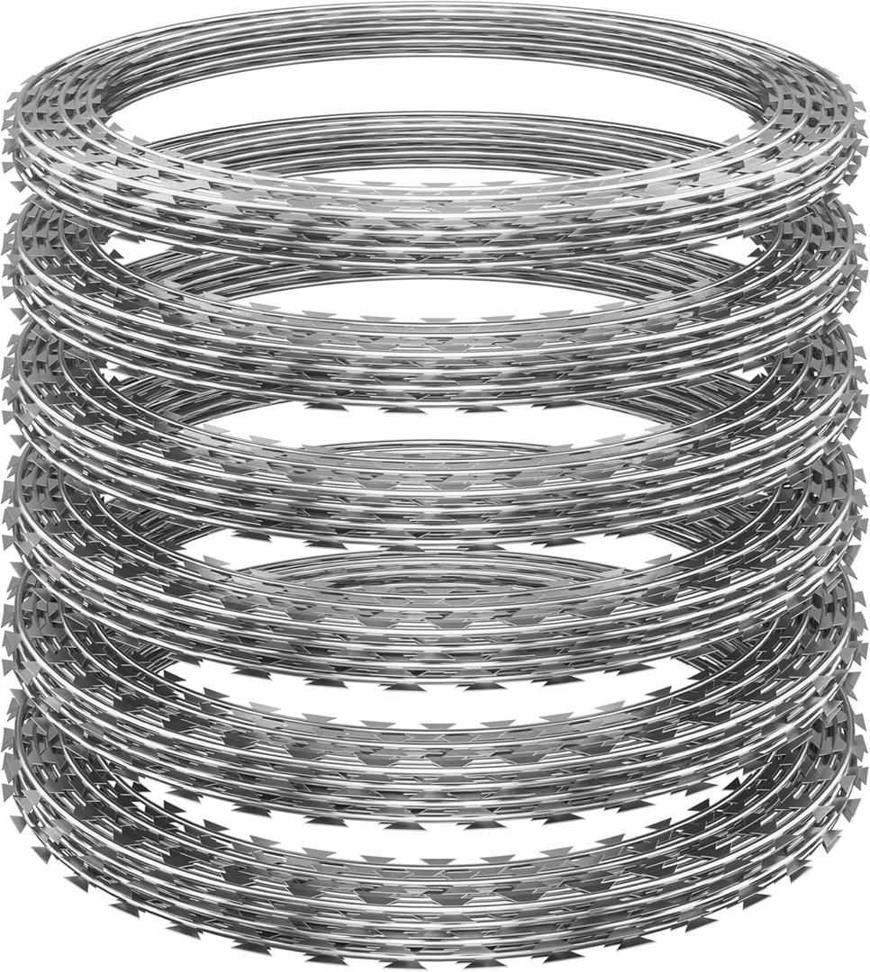 296ft Razor Wire 6 Rolls, Silver Razor Fencing, Galvanized Concertina Wire with Pliers Gloves Warning Sign for Garden Farm Factory Security (12" dia. 296ft)