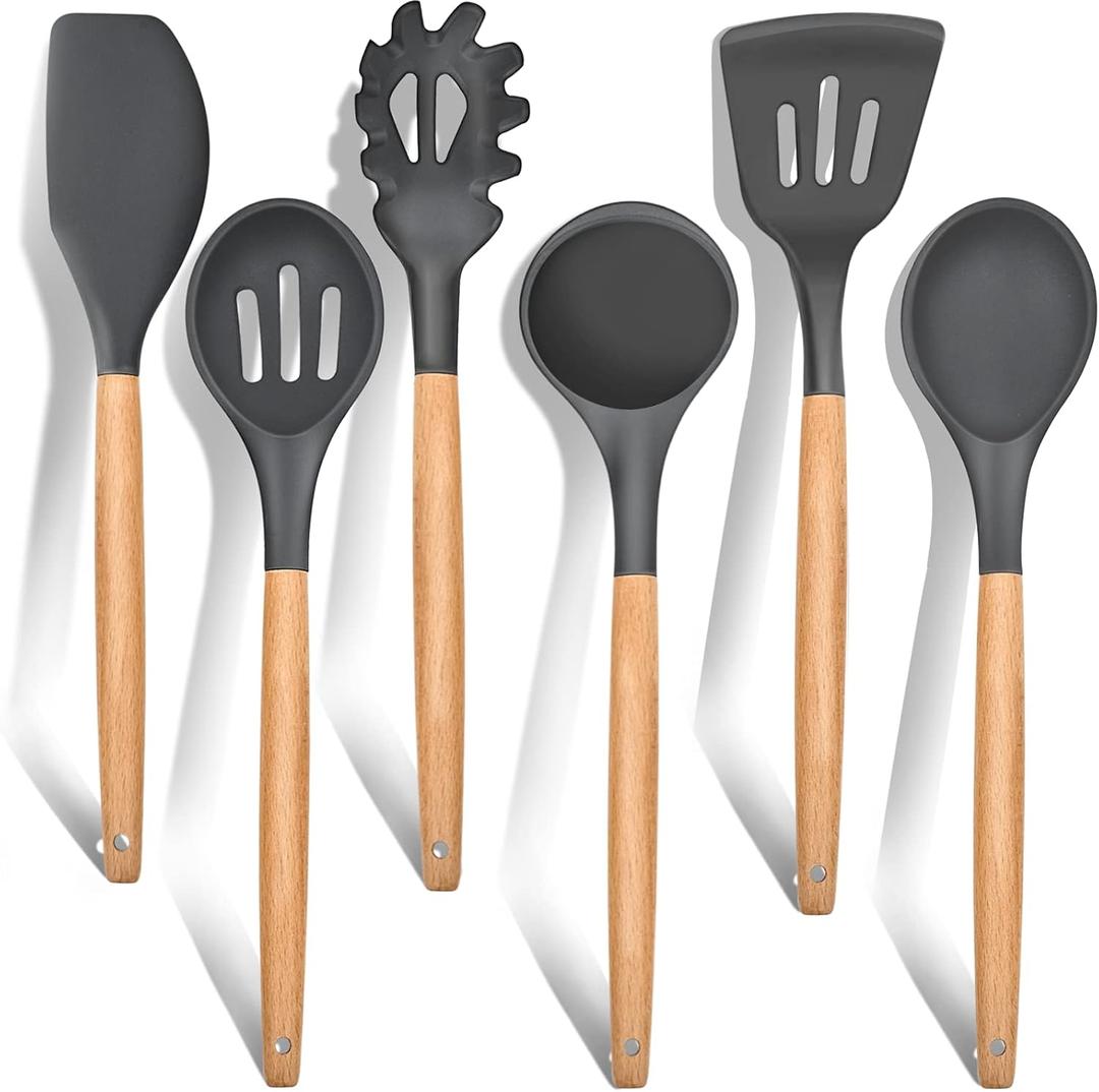 E-far Cooking Utensils Set of 6, Silicone Kitchen Utensils with Wooden Handle, Non-stick Cookware Friendly & Heat Resistant, Includes Spatula/Ladle/Slotted Turner/Serving Spoon/Spaghetti Server(Gray) (6 Pieces)