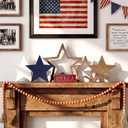 Amyhill 7 Pcs 4th of July Decorations Wooden Stars Set Patriotic Star Tiered Tray Decor with Wood Bead Garland American Red White Blue Decoration for Independence Day 250th Anniversary Table Decor