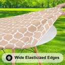 Smiry Round Picnic Tablecloth, Waterproof Elastic Fitted Table Covers for 42" - 50" Tables, Wipeable Flannel Backed Vinyl Tablecloths for Camping, Indoor, Outdoor, Khaki & White
