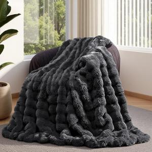 Lotus Karen Faux Fur Throw Blanket Dark Gray - Big Bubble Rabbit Fluff Blanket for Couch, Small Fluffy Fuzzy Cozy Blanket, Thick Furry Plush Shaggy Blankets, 50x60 Inches