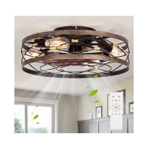 Small Fandelier Caged Ceiling Fan with Light, Farmhouse Low Profile Flush Mount Ceiling Fans with Lights and Remote, Rustic Bladeless Ceiling Fan with Light for Kitchen, Bedroom, Living Room