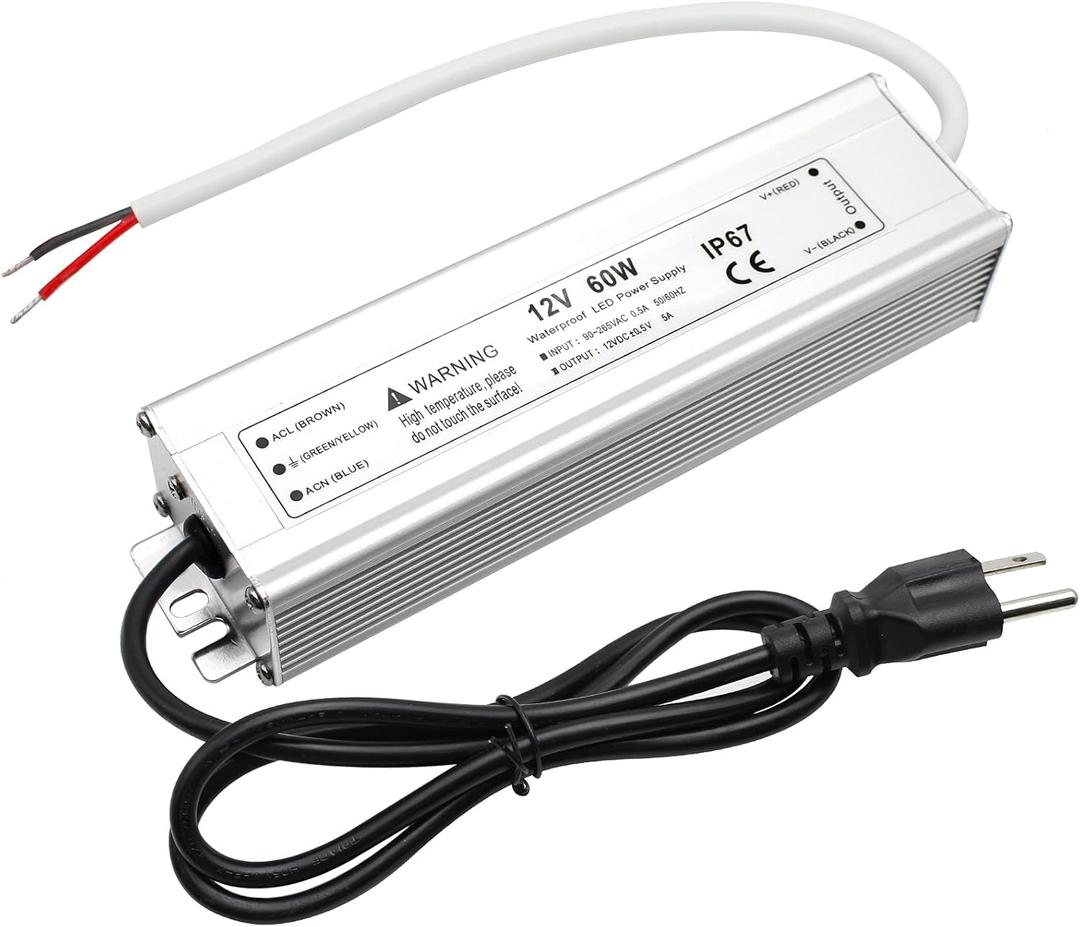 60W 12 Volt LED Power Supply, Waterproof IP67 LED Driver, 110V AC to 12V DC Converter, LED Transformer Low Voltage Output with 3-Prong Plug 3.3 Feet Cable for LED Light Strip, 5Amp
