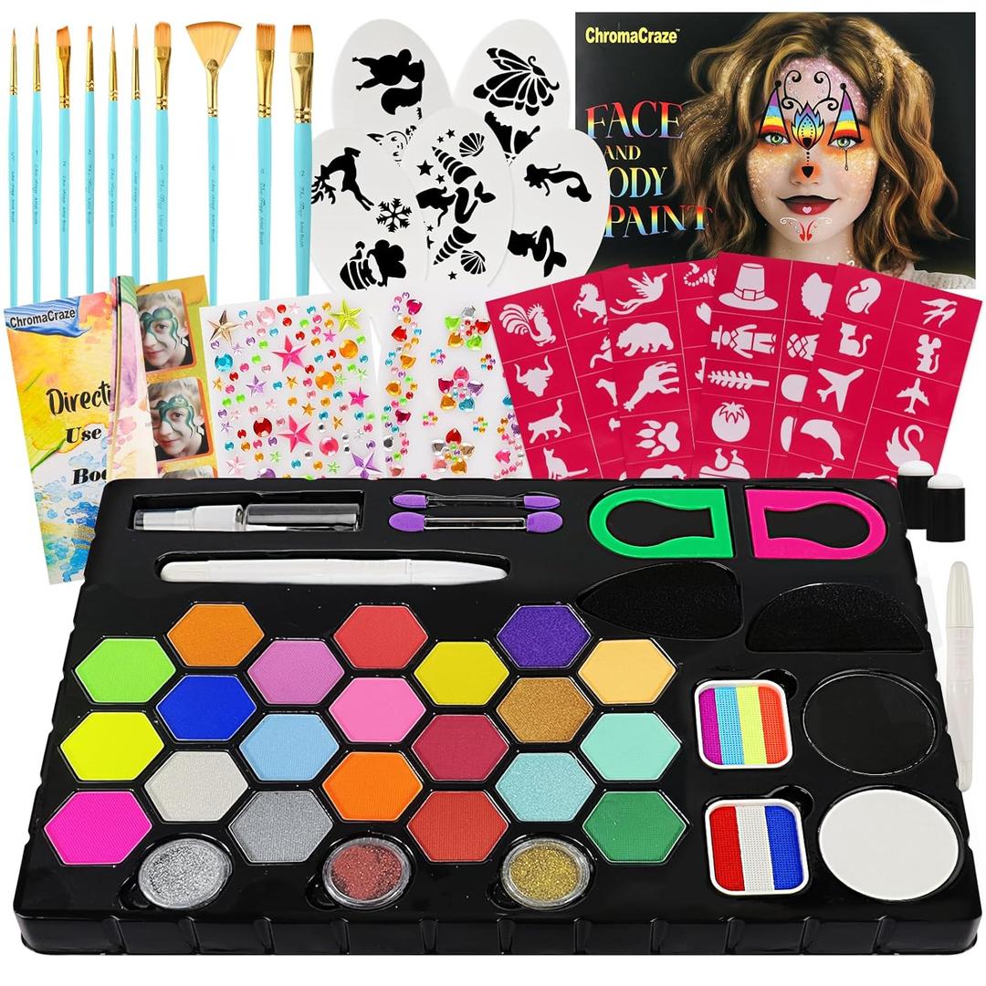 Face Painting Kit for Party - 24 Colors - Water Based Non Toxic Face Paint Set with Brushes, Stencils, sponges, Glitter, Crayon for Easter; Halloween; Carnival; Birthday; Stage Makeup Kit