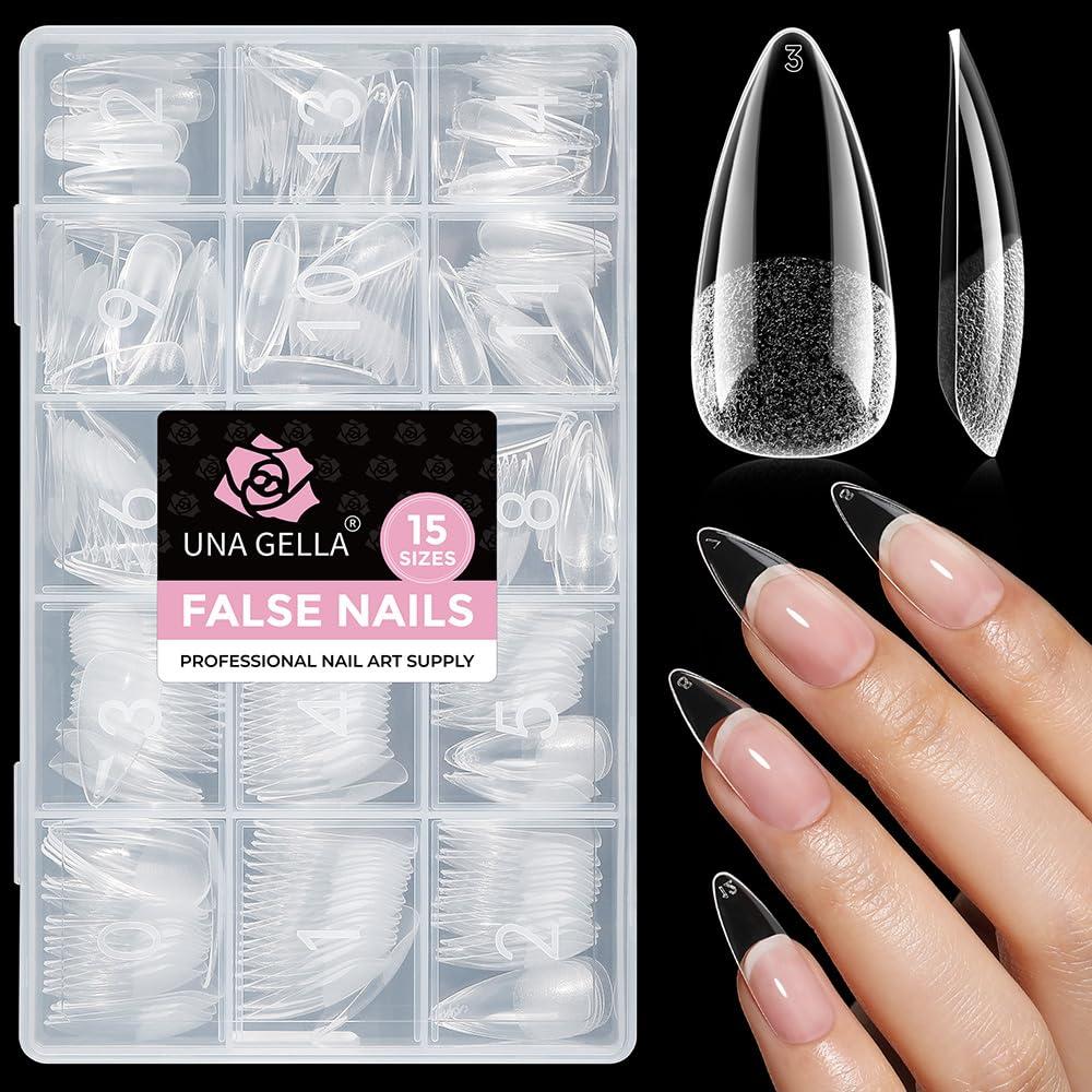 UNA GELLA Stiletto Gel Nail Tips Medium 15 Sizes 300PCS Pre-Etched Clear Acrylic Nail Tips Easy DIY Salon Stiletto Almond Press On Nails Snug Fit Full False Fake Tips Extensions Long-Lasting Hold