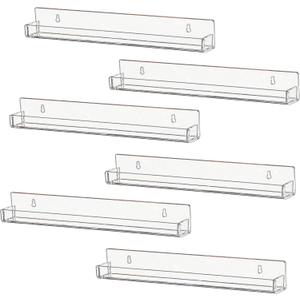 IEEK 6 PCS Acrylic Invisible Floating Bookshelf for Kids Room,15 inch Modern Picture Ledge Display Toy Storage Wall Shelf Vinyl Record Shelf U Shelves Storage Rack (Clear and Smooth)