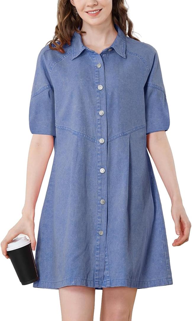 Women's Denim Shirt Dress 3/4 Long Sleeve Button Down Babydoll Jean Shirt Dresses (Medium)
