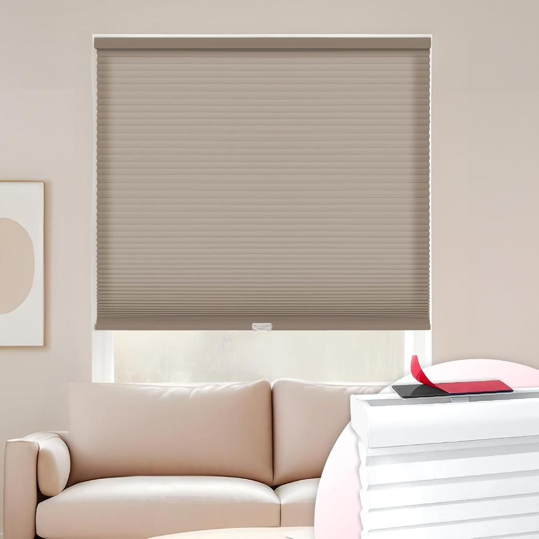 DEZ FURNISHINGS EZ Stick No Drill No Tools Cordless 1" Light Filtering Cellular Shade, 26" W x 72" H, Linen