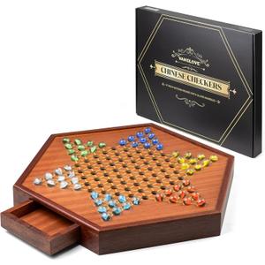 VAMSLOVE Large 17" Chinese Checkers Board Game for 2-6 Player Wooden Game Board, 16mm 60+12 Colorful Glass Marbles, Easy Grasping for Adults and Kids, w/Storage Drawer, Fun for Family Gathering