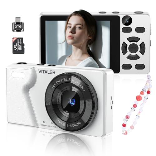 Vitaler Digital Camera with Front Rear Lens, Autofocus 64MP 4K Camera for Photography with 32GB Card, Portable Compact Point and Shoot Camera for Teens Adult Beginner with Metal Shell, 2000mAh Battery