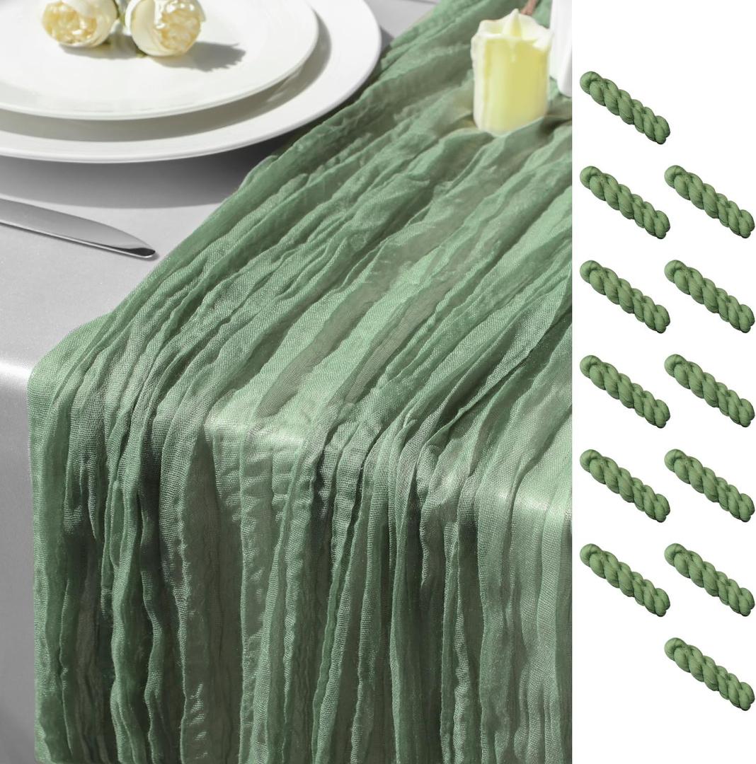 GARIG 12 Sage Green Table Runner for Summer, 10FT Boho Sheer Spring Gauze Cheesecloth Table Runner 35x120Inch for Mother's Day Wedding Party Baby Bridal Shower Birthday Home Decor (12 Pack-35" X 120")