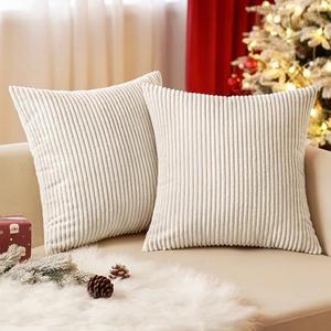 EMEMA Throw Pillow Covers Corduroy Decorative Soft Striped Square Cushion Covers Spring Pillowcases for Couch Sofa Bedroom Chair Car 18x18 Inch Pack of 1, Cream White