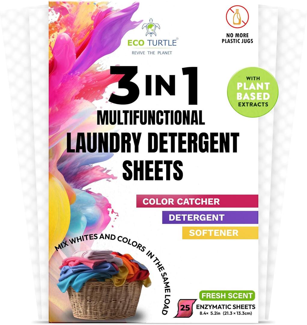 Color Catcher Fabric Softener Laundry Detergent Sheets 25 Loads Fresh Scent, Plant based, No Plastic Jugs Travel Friendly, Ultra Concentrated Mix Colored with Whites Detergent Softener & Color Catcher (25 Count (Pack of 1))