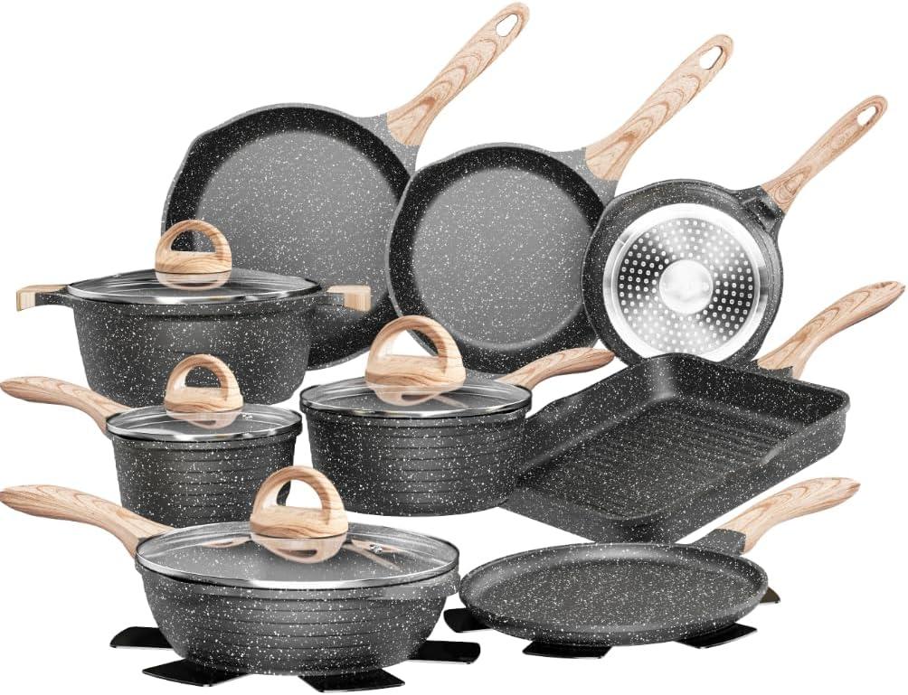 JEETEE Pots and Pans Set Nonstick 23pcs, Healthy Kitchen Cookware Sets, Induction Cooking Set W/Gray Granite Stone Frying Pans, Saucepans, Saut Pan, Griddle Pan & Crepe Pan (PFOA Free) (23 pcs Granite Set)