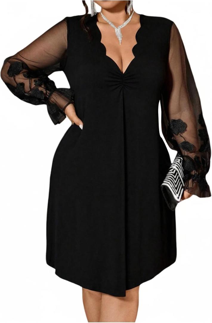Women's Plus Size Short Dress Scallop Trim V Neck Long Sleeve Flowy A Line Party Dresses XL
