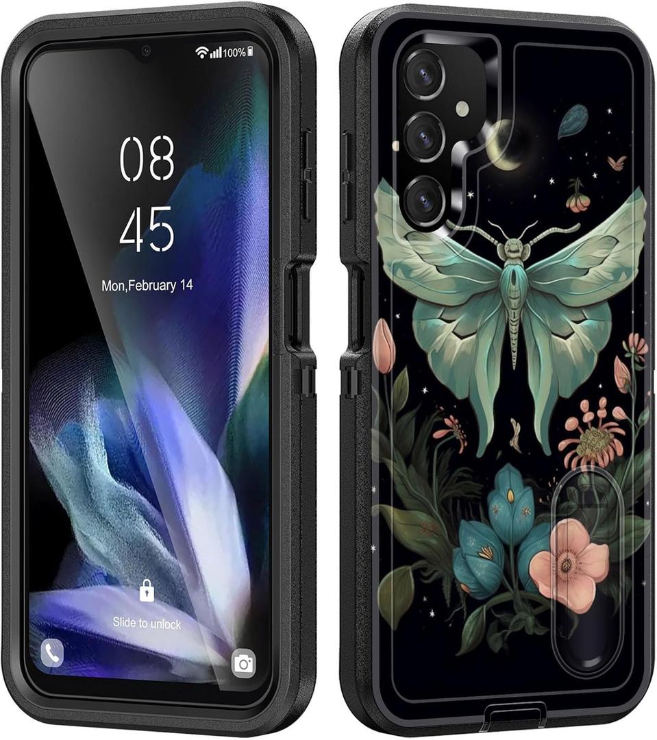 for Galaxy A14 5G Case with Built in Kickstand,Shockproof/Dustproof/Drop Proof 3-Layer Military Grade Protective Cover for Samsung Galaxy A14 5G 6.6 inch,Butterfly Moon Flower
