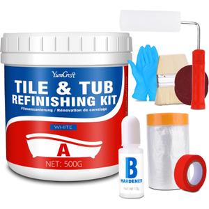 Tub and Tile Refinishing Kit, 17oz/500g Tile Paint with Tools and Hardener - Semi-Gloss White Bathtub Paint for Bathroom, Countertop, Wash Basin, Kitchen, Porcelain, Floor, Easy to Use, 25-30sq.ft