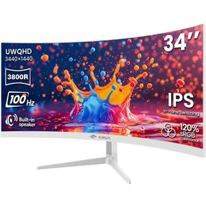 CRUA 34 Inch Ultrawide Curved Monitor, 21:9 UWQHD 3440x1440 100Hz 3800R IPS White Computer Monitors, FreeSync, Built-in Speakers, 120% sRGB, Blue Light Filter, HDMI 2.0 & DP 1.4, Wall Mountable