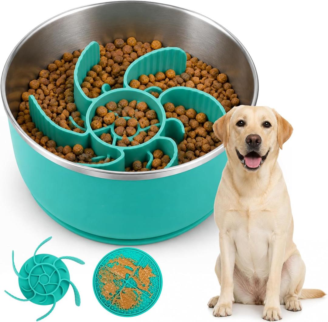 Slow Feeder Dog Bowls with Non-Slip Base for Large Dogs - Food Grade Stainless Steel Slow Feed Dog Bowl - Anti Gulp Metal Feeding Bowl Set with Lick Mat - Dishwasher Safe
