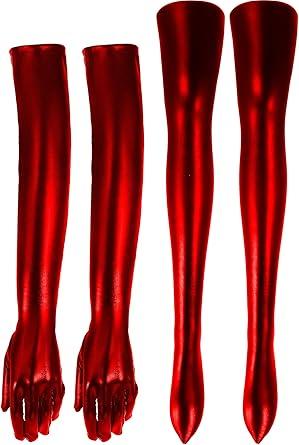 SATINIOR Women's Carnival Halloween Costume Elastic Spandex Shiny Wet Long Gloves and Thigh High Stockings