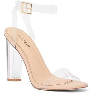 JustFab Women's Clear Chunky High Heels Sandals with Open Toe Ankle Strap Block Heels for Women Clear Shoes Dressy Perfect for Party and Dress Pumps - Hanna Size 8.5