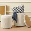Round Ottoman with Storage Set of 2, White Vanity Stool, Upholstered Velvet Storage Ottomans, Makeup Chair Seat for Bedroom, Small Pouf Footstool for Living Room, Large & Medium