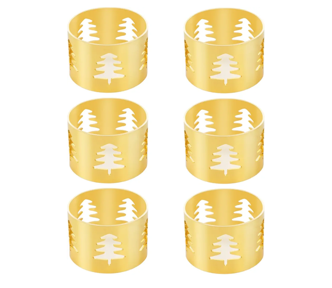 Christmas Napkin Rings Set of 6 Gold Napkin Holders with Christmas Tree, Napkin Buckles for Xmas, Thanksgiving, Holidays, Dinner, Banquet, Weddings, Family Gathers, Dining Table Settings Decoration