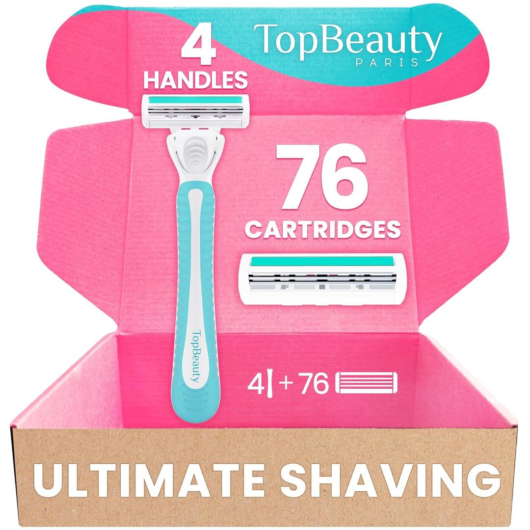 TopBeauty Paris Slim Razors for Women - Manual Razor with Refills (4 Handles + 76 Replaceable Cartridges) - 3-Blades Technology - Beautiful Price - Bikini Razor - Soft Shave & Loving Care