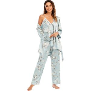 Escalier Women's Silk Satin Pajamas Set 3 Pcs Floral Silky Pj Sets Sleepwear Cami Nightwear with Robe and Pant (Large)