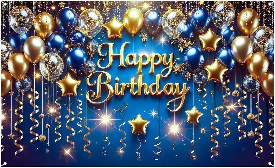 Nuxovilar Blue Gold Happy Birthday Banner - Elegant Balloons & Stars Party Backdrop, 71x43 Inch Large Glamorous Birthday Sign for Yard&Party Decorations