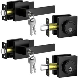 Keyed Alike Exterior Door Lock Set 2 Pack(Same Keys), Exterior Door Handle with Single Cylinder Deadbolt, Front Door Lock Set, Entry Door Lock Set, Zinc Alloy Outdoor Door Handles, Matte Black