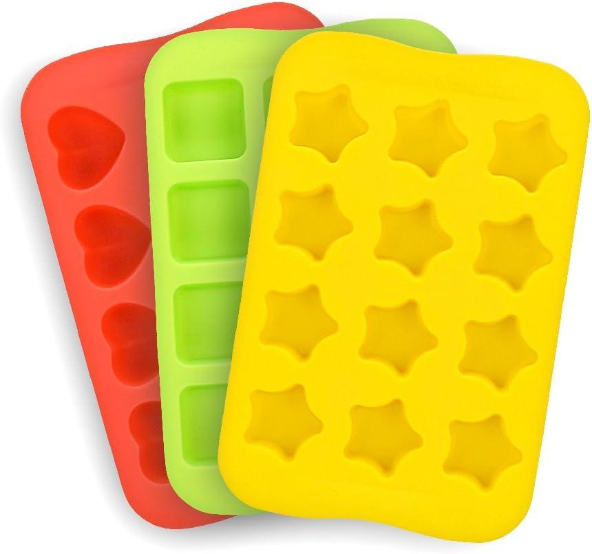 HANZE 3 Pack Candy Chocolate Molds, Silicone Ice Cube Moulds, DIY Mold Use for Cake Jelly Gummy Pudding and Ice Cube Tray Including Hearts Stars Squares Round Mini Muffin Pan