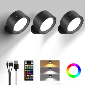 Wall Mounted Lights, 3 Pack Rechargeable RGB Color Changing Light, 3 Color Temps & Remote and Touch, 360Rotation Dimmable Cordless for Study Bedroom Reading Bedside (Black)