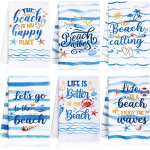 Peryiter 6 Pieces Beach Kitchen Dish Towels Summer Blue Coastal Bathroom Hand Towels Nautical Hand Dish Cloths Soft Washcloths for Home Party Decor, 23.6 x 15.7 Inches