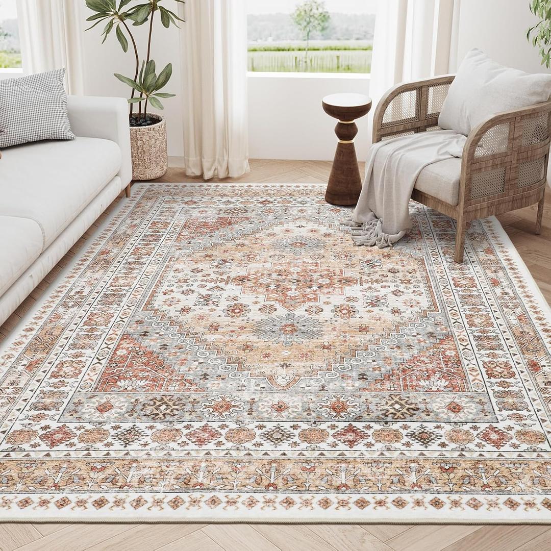 zesthome 6x9 Area Rug, Super Soft Washable Rugs for Living Room, Non-Slip Stain Resistant Vintage Rugs, Ultra-Thin Large Area Rugs (Orange,6'x9') (6' x 9' (Rectangular))