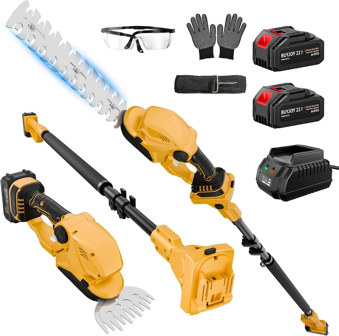 4-in-1 Pole Hedge Trimmer & Cordless Grass Shears,2×4.0 Ah Batteries & Included Charger,Dual Blade Design,Extension Tree Pruner,Bush Trimmer for Tree Trimming/Garden/Lawn