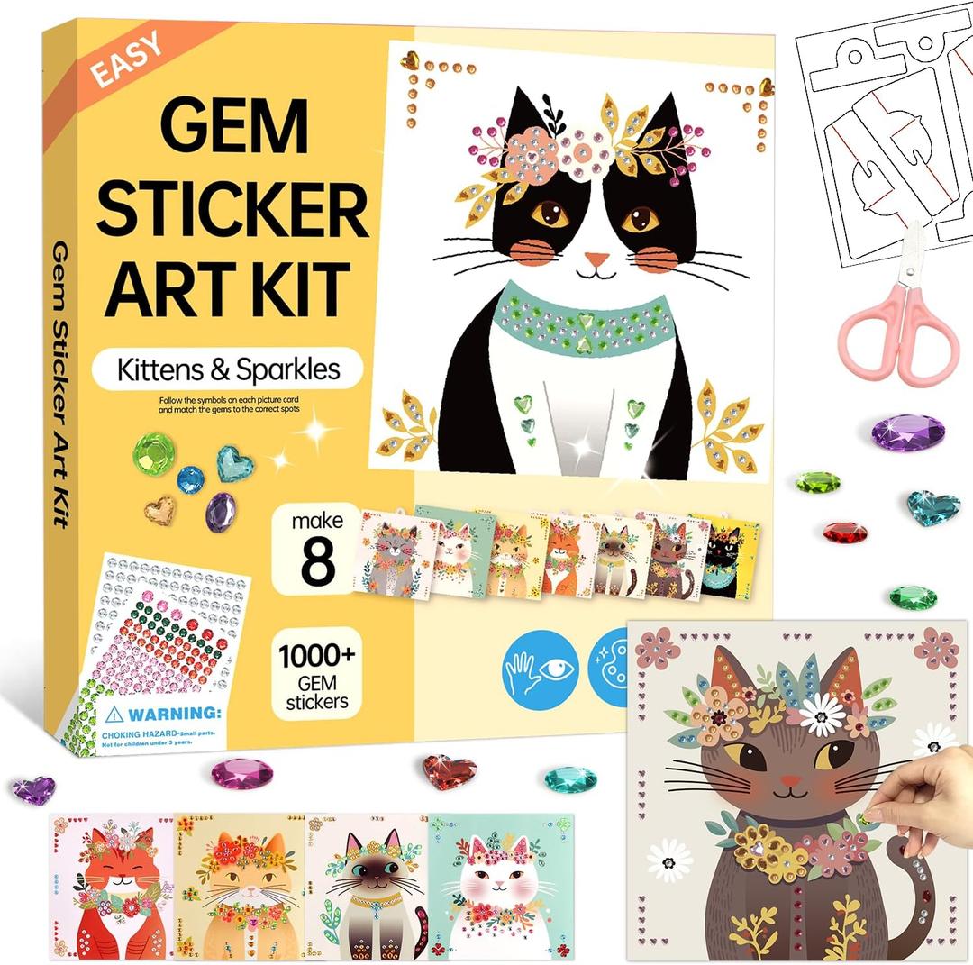 Marlrin Cat Diamond Art for Kids Ages 4-8, Gem Stickers Crafts Kits, DIY Arts and Crafts with Display Stand, Kitten Sticker Art Kit, Birthday Easter Gift for Boys Girls Ages 3-8