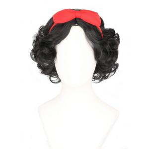 Short Curly Bob Wig Black Princess Wig with Bow Headband for Girls Halloween Costume Party Cosplay Wig