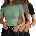 Ficerd 3 Pack Women's Ribbed T-Shirts, Cotton Short Sleeve Basic Tees Crewneck Fitted Tops Casual Shirts 2025 Summer Trendy (Medium, Black, Mocha, Matcha Green)