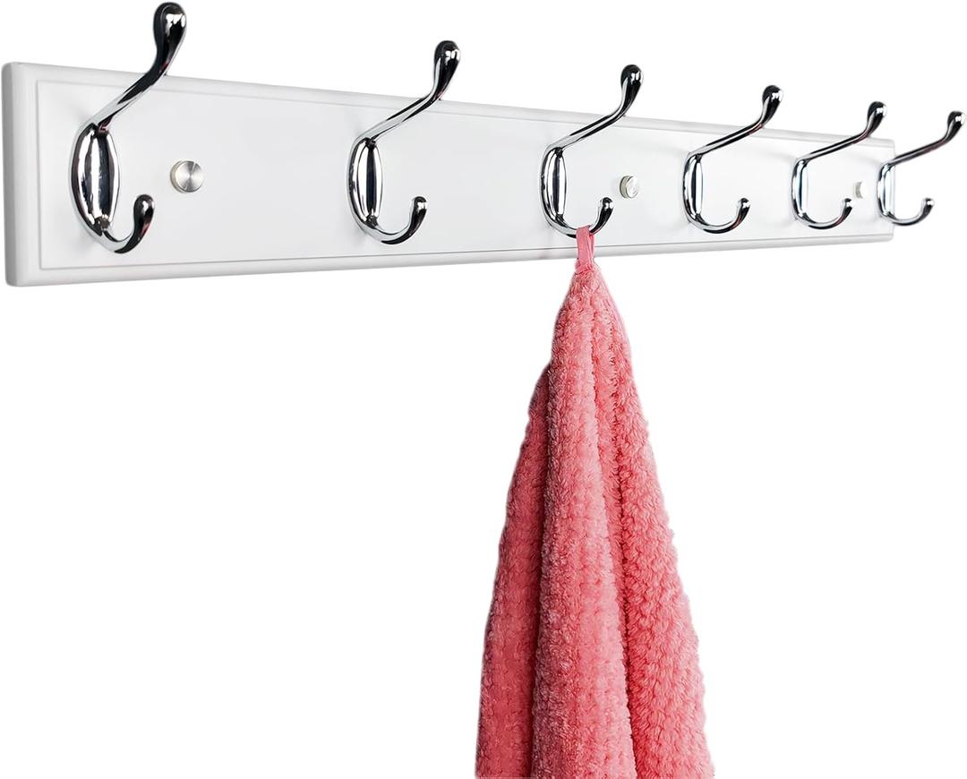 Wooden Wall Mounted Coat Rack 25 inch (65cm) with 6 Silver Hooks, Lang White Wall Coat Rack, Wood Wall Coat Hook Rack for Entrance, Hallway, Bedroom, White Wall Clothes Hanger