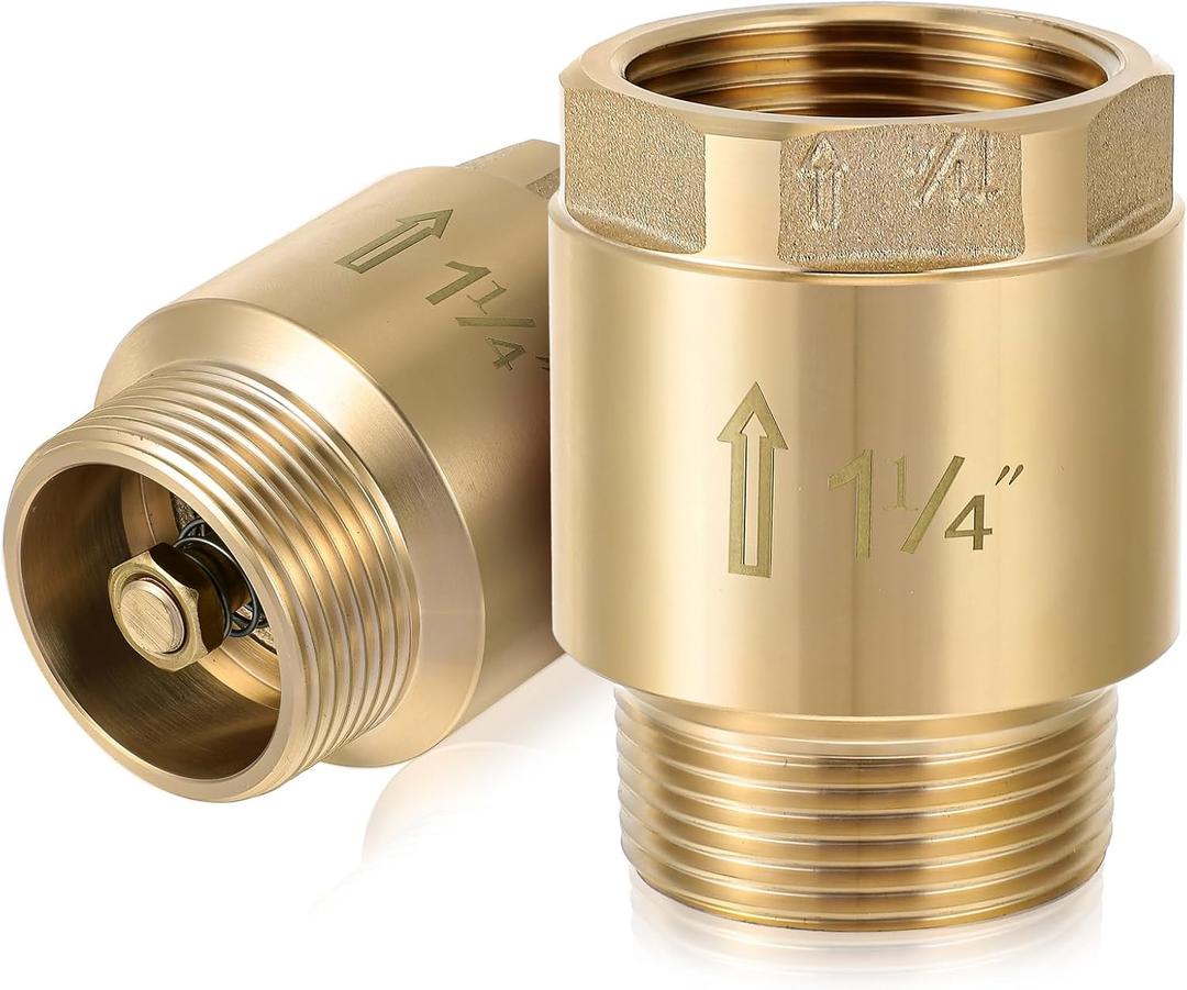 Zonon 2 Pcs 1-1/4 Inch Check Valve One Way Brass Non Return in Line Check Valve with Backflow Prevention NPT Male in FNPT out for Garden Hose Well Pumps Irrigation Systems Chemical Industry